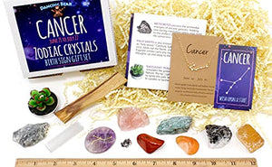 DANCING BEAR Cancer Zodiac Healing Crystals Gift Set, (14 Pc): 9 Stones, 18K Gold-Plated Constellation Necklace, Meteorite, Succulent Candle, Palo Santo Smudge Stick, and Info Guide, Made in The USA