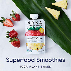 NOKA Superfood Smoothie Pouches (Strawberry Pineapple) 12 Pack, 100% Organic Healthy Fruit Squeeze Snack Packs, Meal Replacement, Non GMO, Gluten Free, Vegan, 5g Plant Protein, 4.2oz Ea (Packaging May Vary)