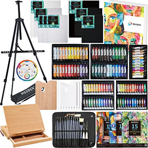 MEEDEN 142-Piece Deluxe Artist Painting Set with Aluminum and Solid Beech Wood Easel, 108 Paints, Black&White Canvases, Paintbrushes, Palettes, Complete Painting Supplies for Artists Beginners Adults