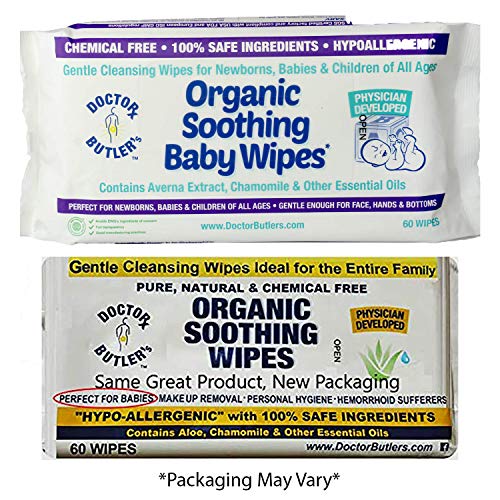 Doctor Butler&#39;s Organic Soothing Baby Wipes - Hypoallergenic &amp; All-Natural Fragrance Free Baby Wipes to Moisturize and Soothe Baby Sensitive Skin with Chamomile and Essential Oils (1 Pack – 60 Wipes)