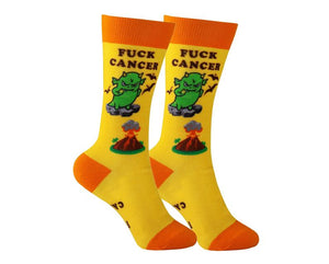 Fuck Cancer Novelty Sock - Yellow Dino - Cancer Survivor Designed & Owned
