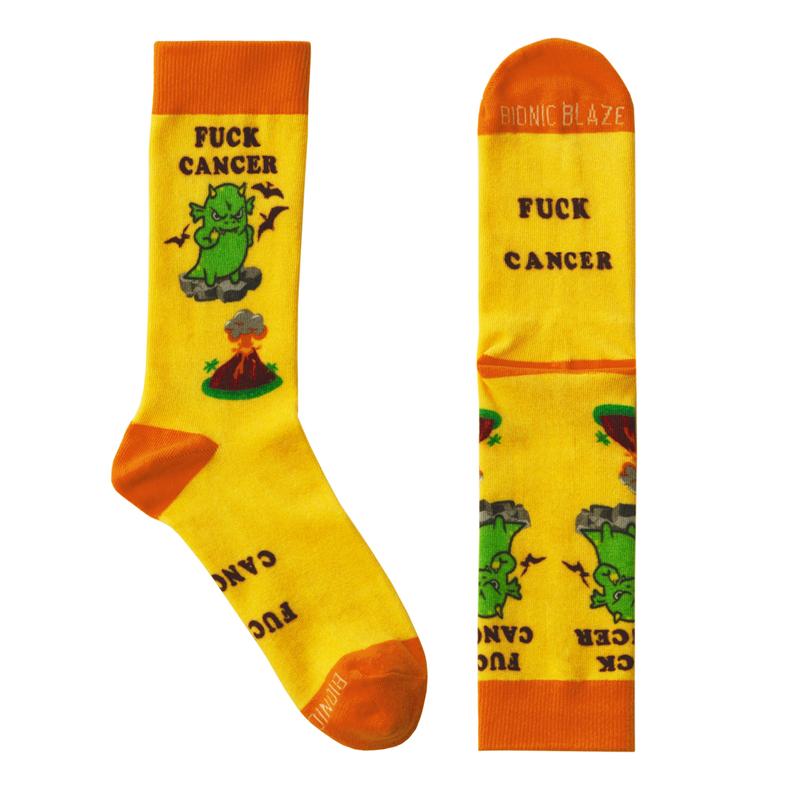 Fuck Cancer Novelty Sock - Yellow Dino - Cancer Survivor Designed &amp; Owned