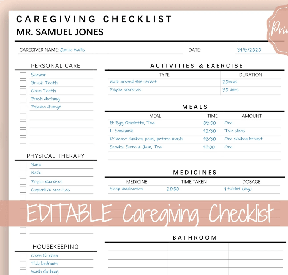 Caregiving Elderly Care Checklist. EDITABLE Printable is ideal for Car ... Caregiving Elderly Care Checklist. EDITABLE Printable is ideal for Car ...
