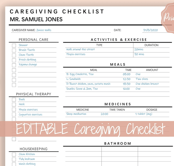 Caregiving Elderly Care Checklist. EDITABLE Printable is ideal for Car