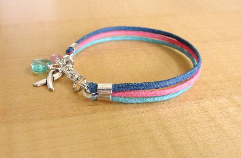 Thyroid Cancer Awareness Bracelet (Cotton) - Teal Pink and Blue