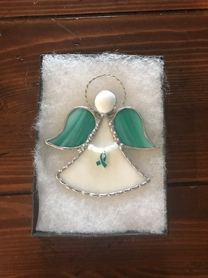 Teal Ribbon Ovarian Cancer Awareness Angel Ornament, Stained Glass Suncatcher, Remembrance Angel, Christmas, Guardian Angel, Miniature,